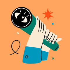Human hands with spyglass telescope. Big eye on lens. Searching, finding, web surfing, looking for opportunities concept. Hand drawn Vector illustration. Isolated design element. Logo, icon template - 731016561