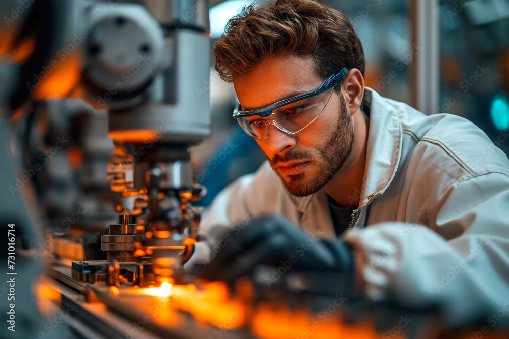 Poster Man operating assembly robot in factory.
