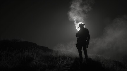 Silhouette donning a cowboy hat emerges amidst the backdrop of a captivating sunset.
