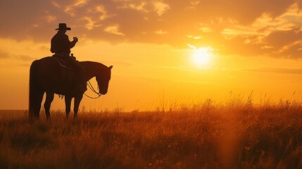 Silhouette donning a cowboy hat emerges amidst the backdrop of a captivating sunset.
 - obrazy, fototapety, plakaty