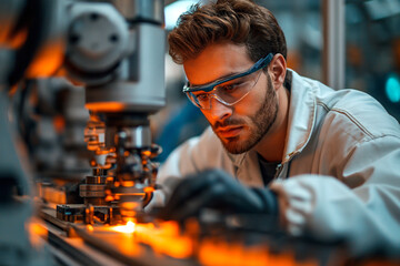 Man operating assembly robot in factory.