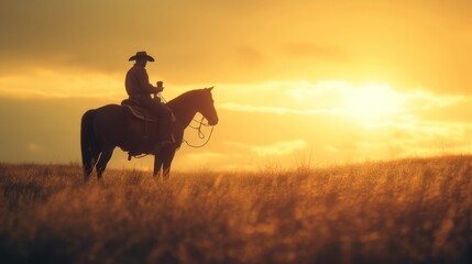 Fototapeta premium Silhouette donning a cowboy hat emerges amidst the backdrop of a captivating sunset. 