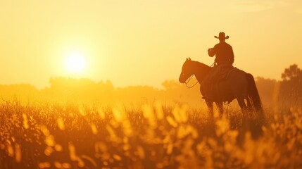 Silhouette donning a cowboy hat emerges amidst the backdrop of a captivating sunset.
