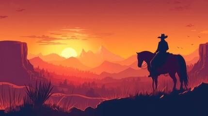 Silhouette donning a cowboy hat emerges amidst the backdrop of a captivating sunset.
