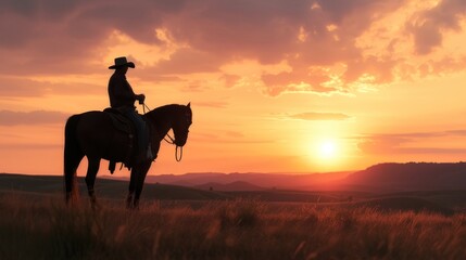 Silhouette donning a cowboy hat emerges amidst the backdrop of a captivating sunset.
