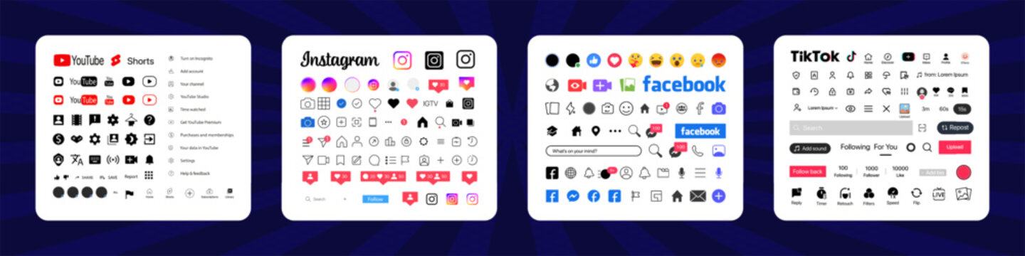 Instagram, Tik Tok, Facebook, YouTube button icon. Set screen social media and social network interface template. Stories button, symbol, sign logo. Editorial