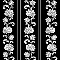 Pattern of white contour flowers.Vector seamless pattern of branches with white flowers and leaves on a black background.