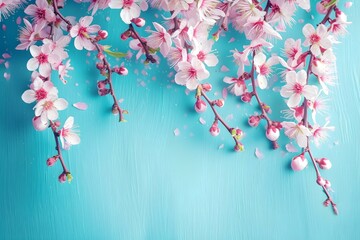 Beautiful Spring Cherry Blossom Branches on Turquoise Blue Background With Copy Space for Your Design. Springtime Holidays and Nature Concept.