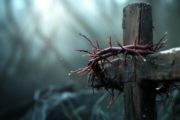 Close-Up View of a Crown of Thorns on a Rugged Wooden Cross with Radiant Sun Beams Piercing Through Morning Mist, Symbolizing Christian Faith and Redemption