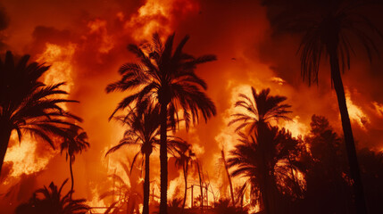 Fototapeta na wymiar Wildfire Engulfing Palm Trees at Night