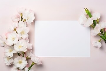 Obraz na płótnie Canvas Flowers with empty white greeting postcard mockup flat lay. Branding scene with blank of paper with copy space, Valentine's day, Mother's day, Women's Day and love concept