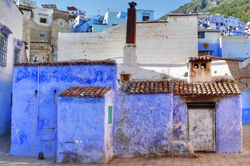 Traditional houses along alleyway in Chefchaouen, Morocco