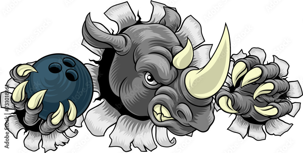 Sticker a rhino rhinoceros mean tough cartoon sports animal mascot holding a bowling ball