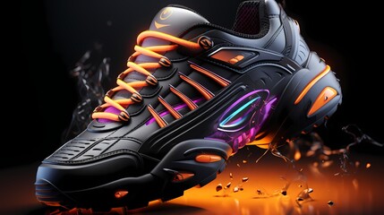 Top view of a custom-designed sneaker mockup with futuristic LED lights on a solid background