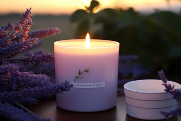 Obraz na płótnie Canvas A calming lavender-scented candle logo featuring a serene 