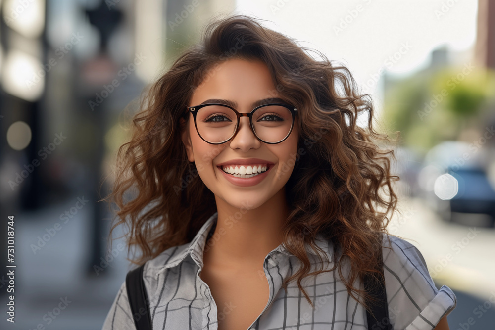 Wall mural portrait of a smiling young Mexican woman wearing glasses