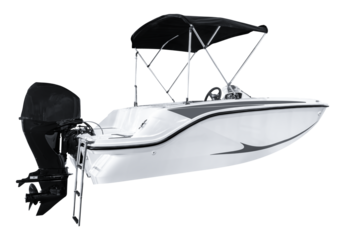 Side view white yacht with black outboard engine