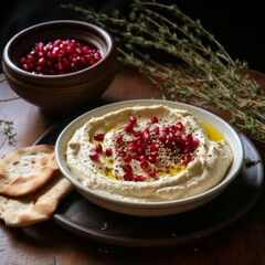 Creamy spread of hummus with olive oil and seed of pomegranate
