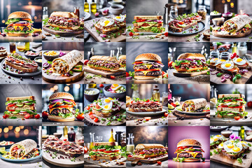 Naklejka premium Banner with a set of images of various sandwiches for background design of culinary topic