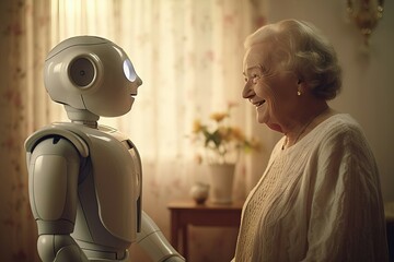 An elderly woman sits with her home and looks at a robotic au pair, interaction between the elderly and modern technology - obrazy, fototapety, plakaty