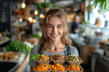 Portrait of smiling woman holding stack of takeaway food