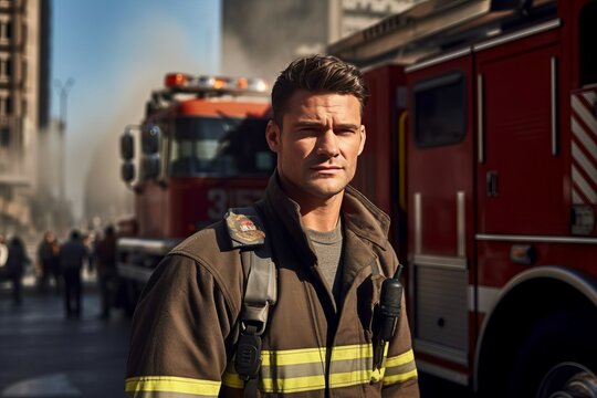 Portrait of a man image of a fireman working. Against the background of a burning car and a burning building