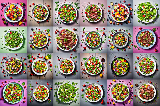 Banner with a set of images of various salads for background design of culinary topic