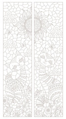 Set of contour illustrations in stained glass style with cute cartoon cats, dark outlines on a white background