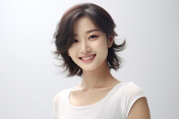 a radiant and cheerful Asian lady dons a white tee t-shirt, beaming with happiness while proudly displaying her smile against a plain white backdrop. Generative AI.