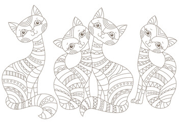 Set of contour illustrations in stained glass style with cute cartoon cats, dark outlines on a white background,