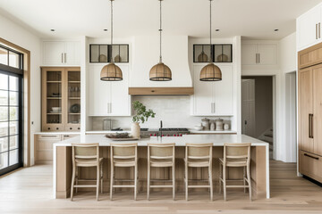 A beautiful farmhouse kitchen with white and white oak cabinets and chairs sitting at a large white...