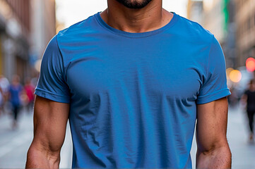 Closeup on a man's torso wearing a blank blue t-shirt in blurred city for mockup.