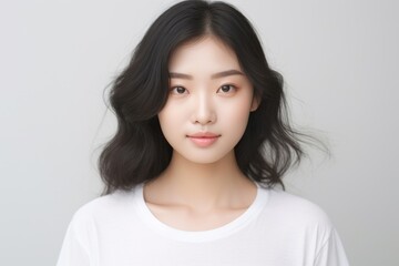 Fototapeta premium Asian female, wearing a white t-shirt, beams with delight, proudly displaying her smile in a studio environment against a neutral white background. Generative AI.