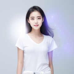 Asian female, wearing a white t-shirt, beams with delight, proudly displaying her smile in a studio environment against a neutral white background. Generative AI.