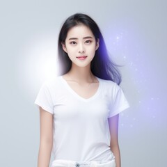 Fototapeta premium Asian female, wearing a white t-shirt, beams with delight, proudly displaying her smile in a studio environment against a neutral white background. Generative AI.