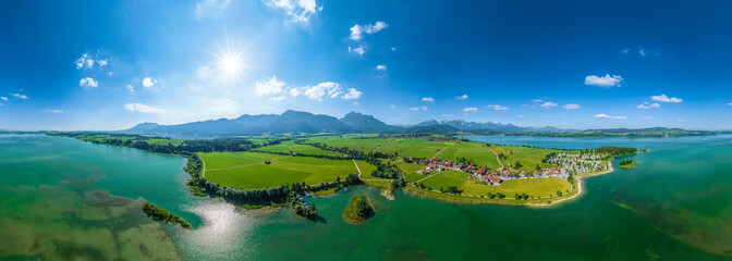 Sommer am Forggensee im Ostallgäu bei Schwangau-Brunnen, 360 Grad Rundblick