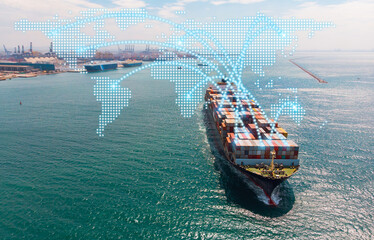 Aerial view of a large container ship at sea with a digital global tracking system overlay,...