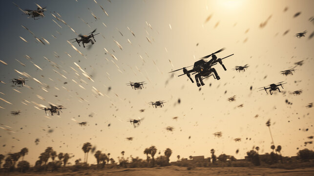 Drone warfare concept, swarm of military drones attacking, desert or Middle East environment in the background.