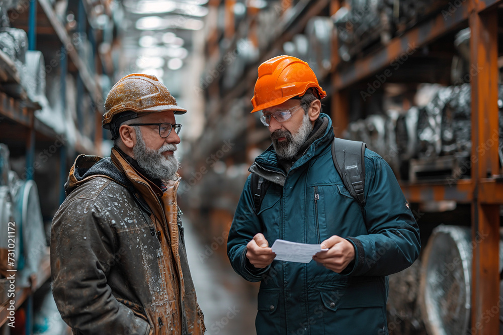 Poster Two men with documents in a factory workshop with rolls of metal.