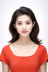Fototapeta premium a jubilant and charming Asian lady dons a red tee t-shirt, exuding happiness while flaunting her smile against a plain white backdrop. Generative AI.