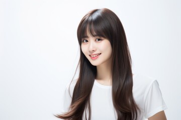 a jubilant and charming Asian lady dons a white tee t-shirt, exuding happiness while flaunting her smile against a plain white backdrop. Generative AI.