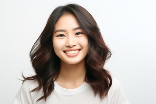 a jubilant and charming Asian lady dons a white tee t-shirt, exuding happiness while flaunting her smile against a plain white backdrop. Generative AI.