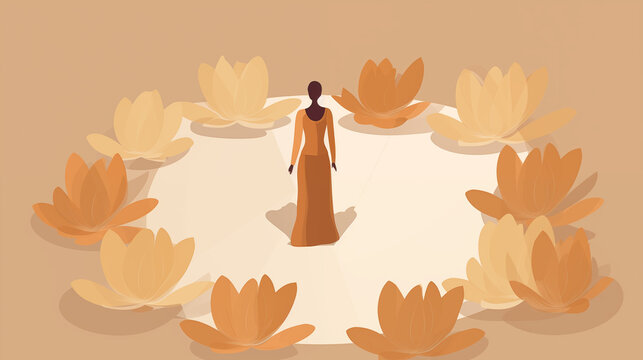 Illustration of a woman encircled by lotus flowers, purity concept, tones of brown and orange