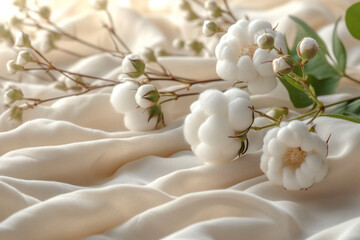 Dried branch of cotton plant with flowers on soft white elegance towel, space for text - obrazy, fototapety, plakaty