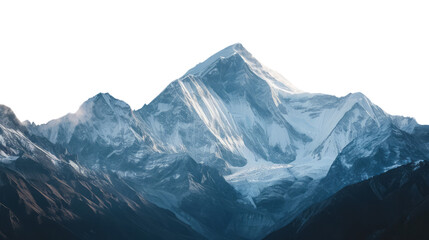 Snow-covered mountain peaks in a breathtaking landscape, featuring a wintry panorama with icy glaciers, rocky terrain, and a clear view of the sky, white background.