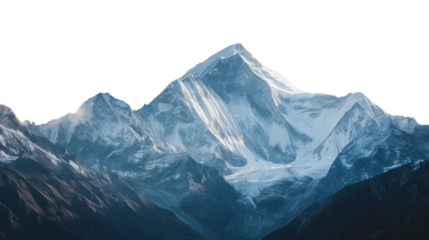 Snow-covered mountain peaks in a breathtaking landscape, featuring a wintry panorama with icy glaciers, rocky terrain, and a clear view of the sky, white background.