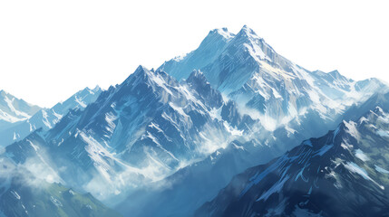 Snow-covered mountain peaks in a breathtaking landscape, featuring a wintry panorama with icy glaciers, rocky terrain, and a clear view of the sky, white background.