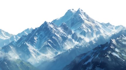 Snow-covered mountain peaks in a breathtaking landscape, featuring a wintry panorama with icy glaciers, rocky terrain, and a clear view of the sky, white background.
