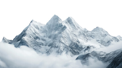 Fototapeta na wymiar Snow-covered mountain peaks in a breathtaking landscape, featuring a wintry panorama with icy glaciers, rocky terrain, and a clear view of the sky, white background.