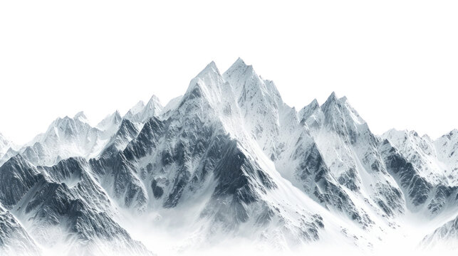Snow-covered mountain peaks in a breathtaking landscape, featuring a wintry panorama with icy glaciers, rocky terrain, and a clear view of the sky, white background.